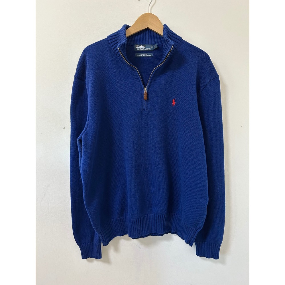 Polo Ralph Lauren Quarter Zip Sweater Mens XL Royal Blue Preppy Cotton Knit